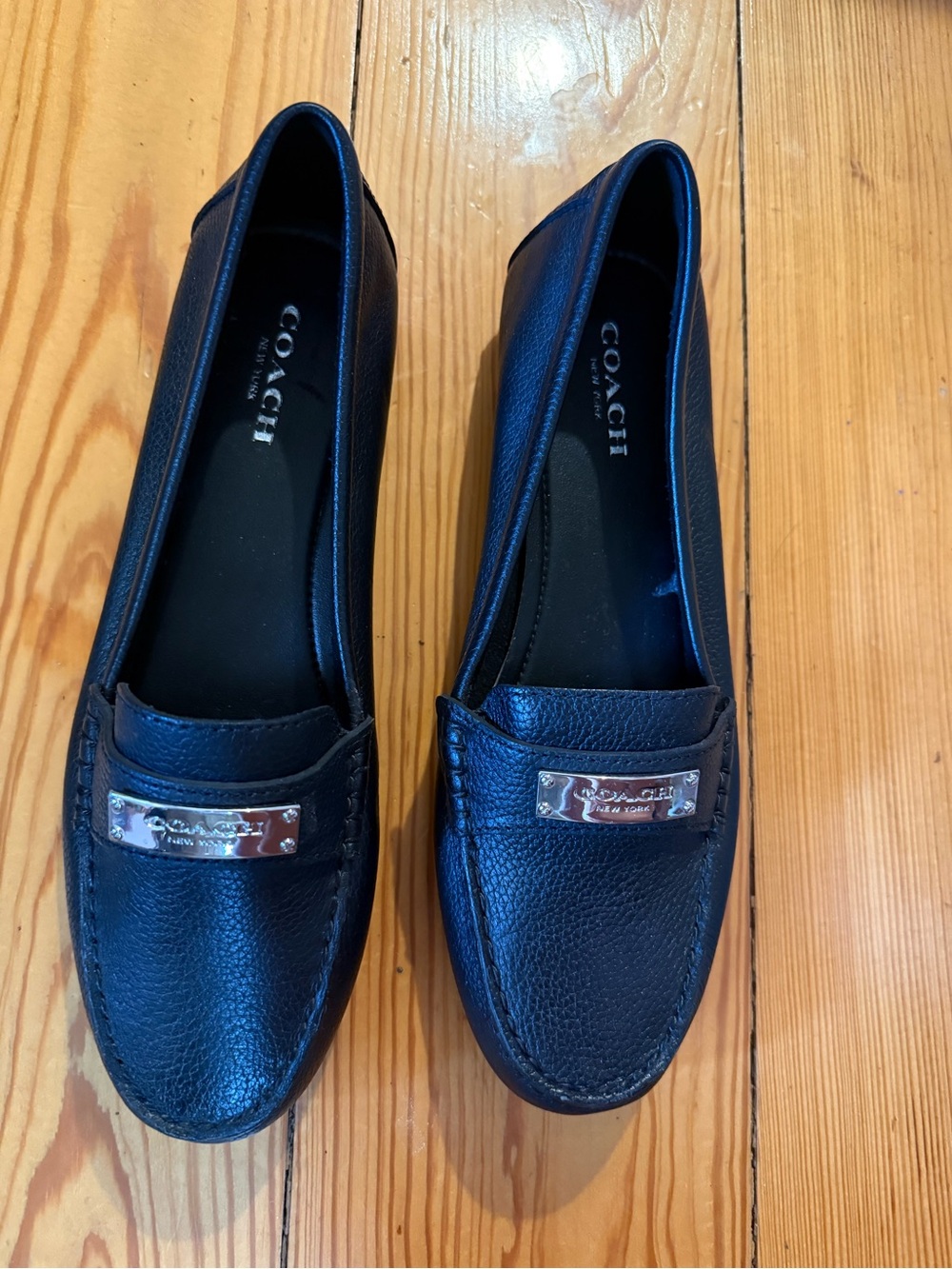 COACH Black Leather Metal-Plate Penny Loafers